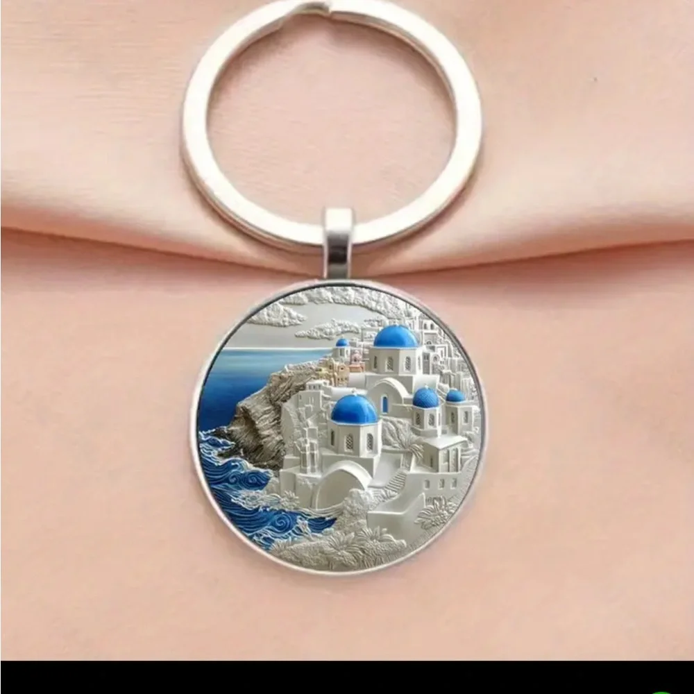Scenic Keychain with Blue and White Design